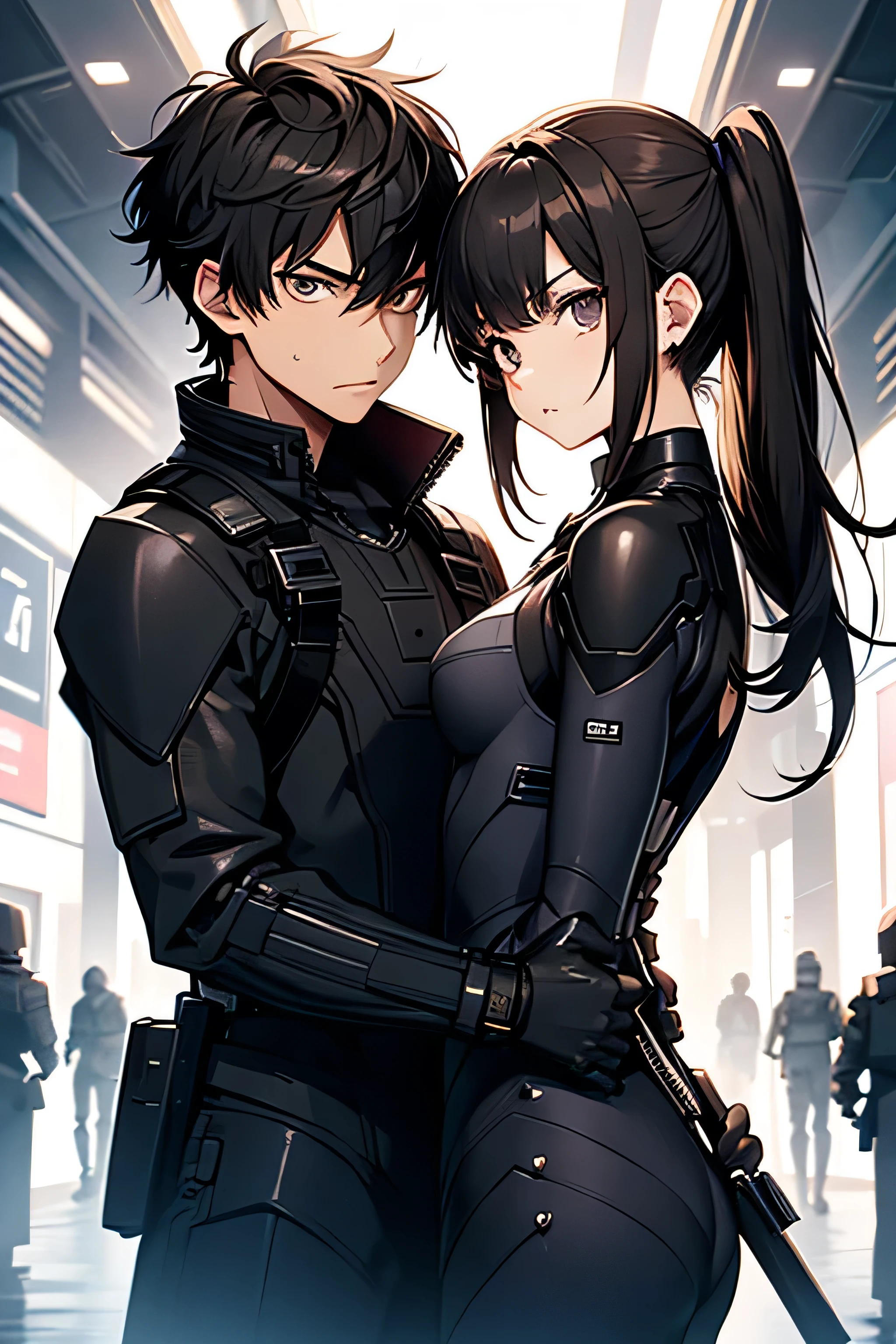 Digital illustration in a manga style, featuring two kids male and female, twin characters male and femele, they have 13-year-old . The layout is dynamic, with the main focus on two characters in the foreground, the two characters are femele y male twins siblings. The character male on the left wears a completely black military technological suit. He has short black hair, black eyes and is 1.65 tall. He has a angry expression as the character on the right, a girl with medium-length brown hair tied in a ponytail, She is wearing the same black military technological suit that her brother. She has black hair, black eyes and is 1.54 tall. The background it's a blank place. The illustration is colorful and detailed, capturing a moment of tension and interaction between the two characters. Both characters have Asian features.