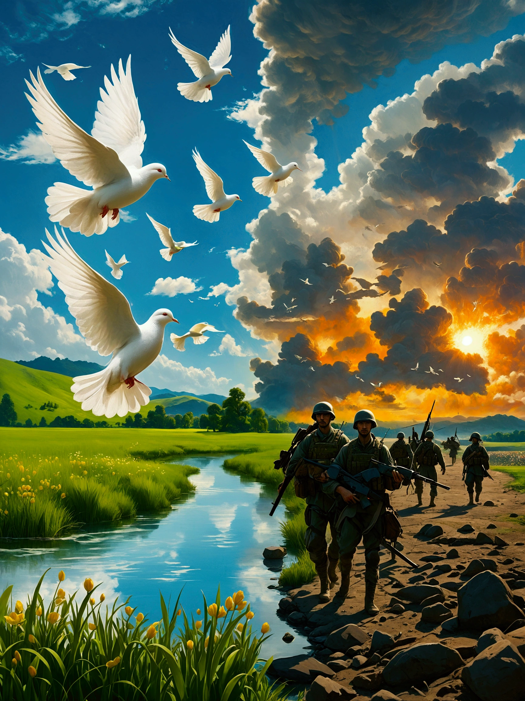 A balanced composition split into two halves, representing peace and war. On the left, illustrating peace: a calm, serene setting with doves flying against a clear blue sky. The backdrop contains lush green meadows and a pristine river flowing gently. On the right, illustrating war: the atmosphere is drastically different with a tumultuous, fiery landscape. There are silhouettes of soldiers with their weapons in the background, under a sky filled with smoke and distant explosions. Please render this in a realistic style.
