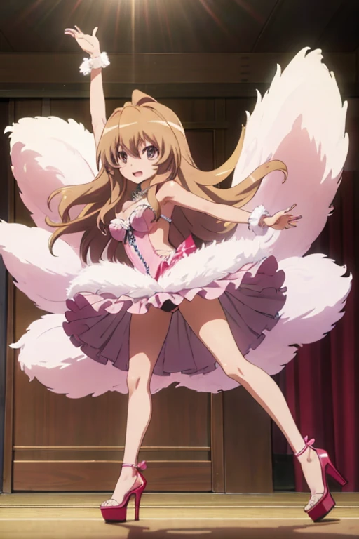 Taiga_Aisaka in sexy Brazilian carnival queen outfit and pink sexy open platform high heels posing from the front