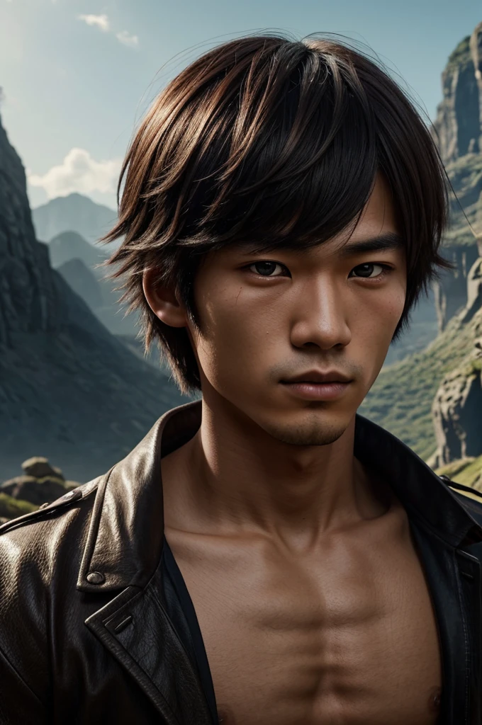 a young Japanese man of eighteen years of age with a razualvemte full physique, have fair skin, His eyes are blue and his hair is copper with a fringe covering part of his eye on the left side., one eye covered by bangs, the young man is six feet tall and two centimeters tall. captured in an ultra-realistic full HD 4K portrait, detailed texture showing its menacing shape, Immersive atmosphere, high definition shadow play, digitalpainting, nevoa no environment.