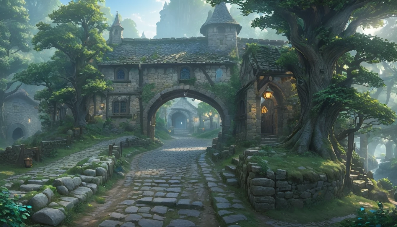 (anime, fantasy, medieval village), (best quality, highres, HDR:1.2), vibrant colors, detailed landscape, intricate, an entrance to a medieval village in a forest, arc entrance, cobblestone road. beautiful, etheral light, detailed tree, dynamic lighting, general shot, fantastic landscape, high fxaa