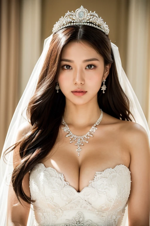 (Highest quality、High-quality photos、8k、Best image quality、Award-winning works)、One beautiful bride、(alone:1.1)、(The most extravagant and gorgeous huge pure white wedding dress:1.2)、(Perfect Wedding Lace:1.2)、(The most gorgeous and luxurious giant tiara:1.3)、(The most extravagant and luxurious giant necklace:1.3)、The finest jewellery decoration、Perfect Makeup、Long eyelashes、Ultra HD Shining Eyes、Ultra HD Hair、Ultra High Resolution Glossy Lips、Beautiful face in ultra-high definition、(Accurate anatomy:1.1)、Very bright and beautiful skin、very bright and vivid、Perfect beautiful bridal hairstyles、(Front facing body:1.1)、(The simplest solid color background:1.1)、(Voluptuous body:1.1)、(Large Breasts:1.1)、(Cleavage:1.1)