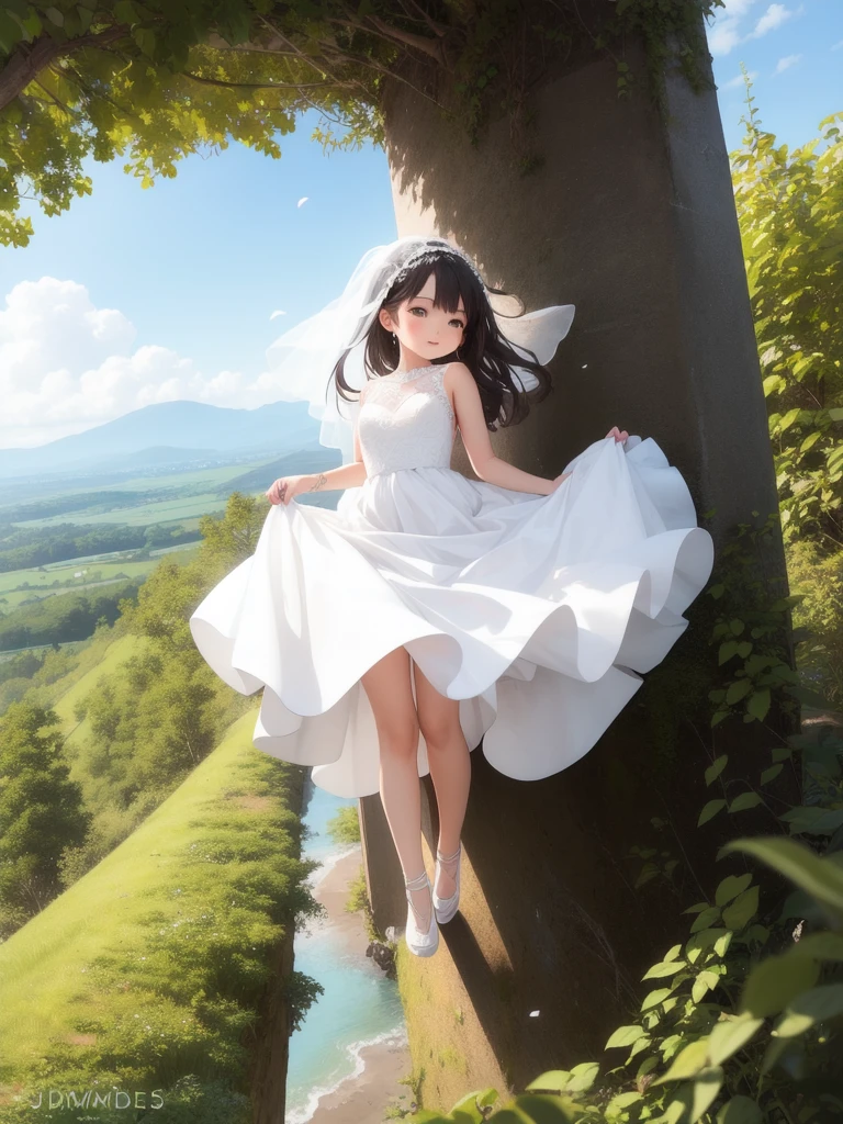 Wedding dress, bride, 1girl, Solo, long dress, climbing, windy, 