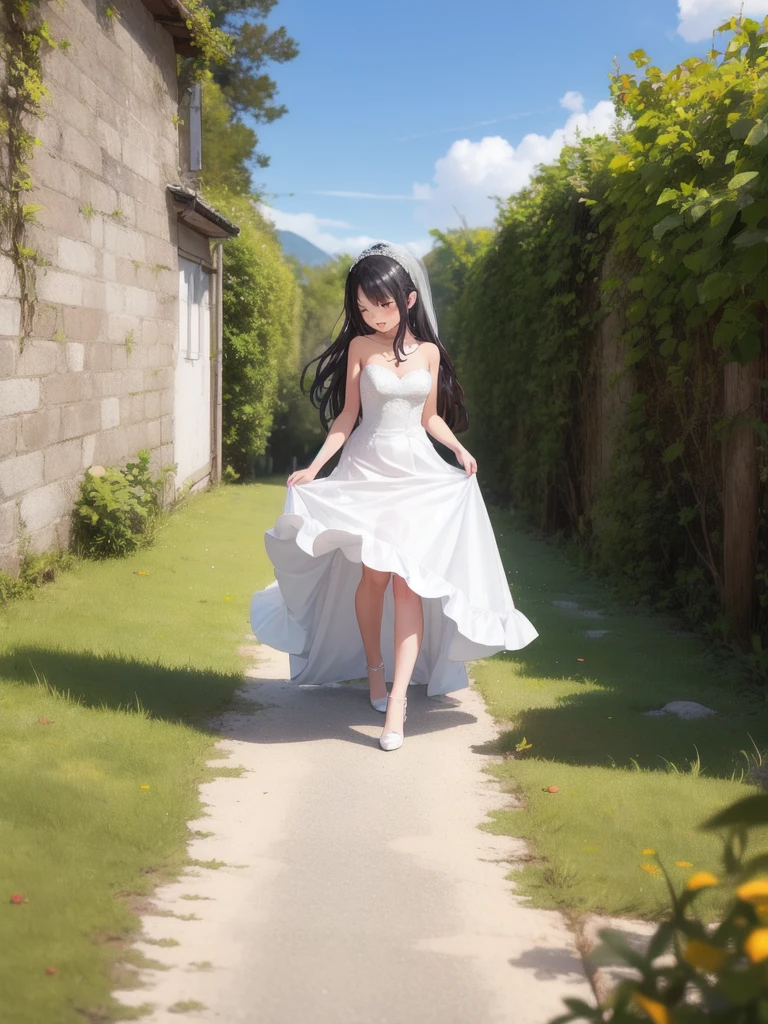 Wedding dress, bride, 1girl, Solo, long dress, climbing, windy, 