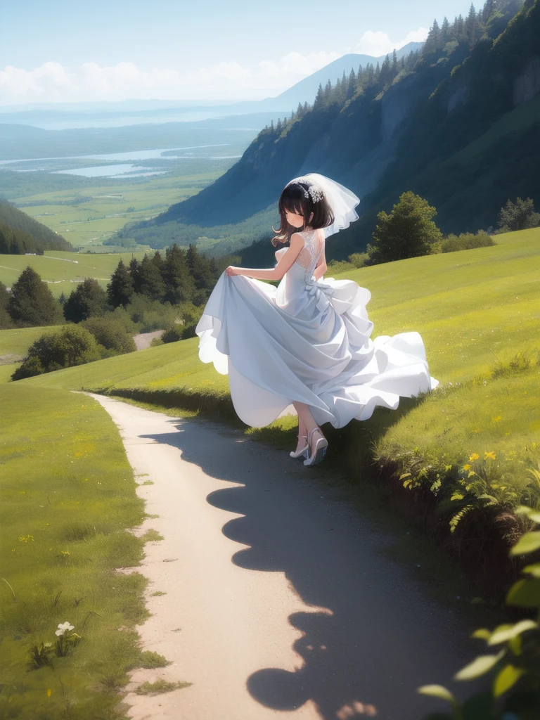 Wedding dress, bride, 1girl, Solo, long dress, climbing, windy,