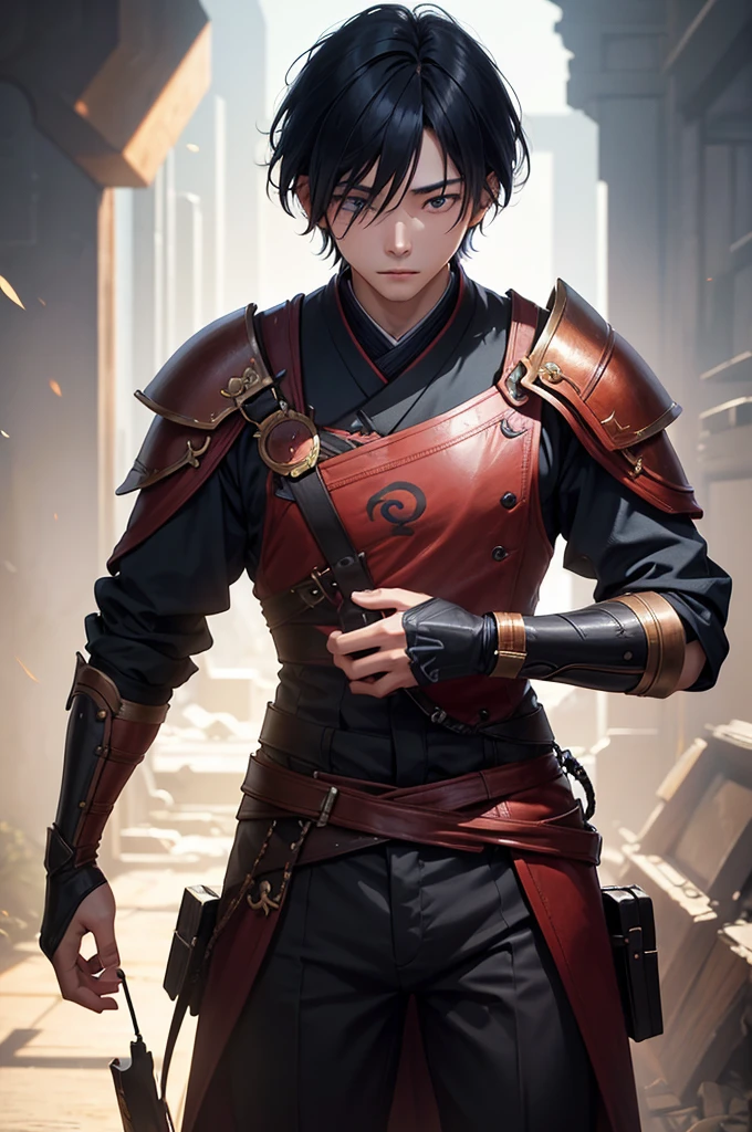 a young Japanese man of eighteen years of age with a razualvemte full physique, have fair skin, His eyes are blue and his hair is copper with a fringe covering part of his eye on the left side., one eye covered by bangs, the young man is six feet tall and two centimeters tall. captured in an ultra-realistic full HD 4K portrait, detailed texture showing its menacing shape, Immersive atmosphere, high definition shadow play, digitalpainting, nevoa no environment.
