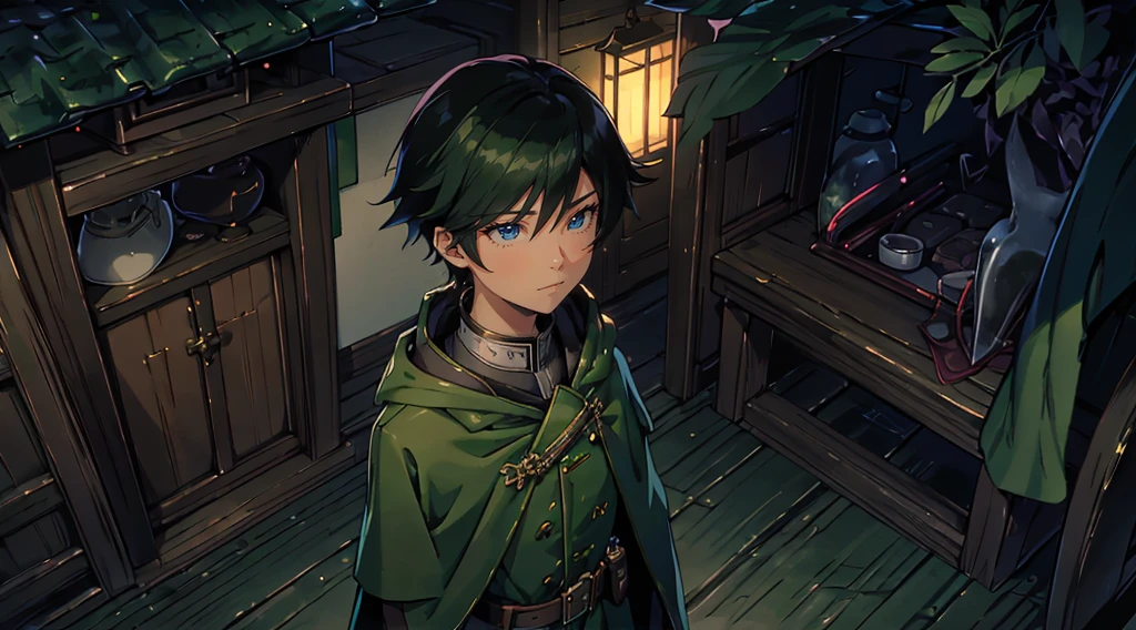 yuichiro hyakuya, (WithoutFear:1), 1 boy, black hair, green eyes, brown coat, gray armor, green shield, green cloak, dark brown gloves, town, white fur trim, tall, anime, standing, good quality, portrait, looking at viewer
