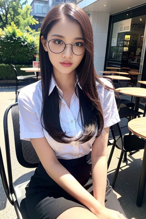 (A gorgeous Chinese lady, age 28, professional lecturer & A.I enthusiast, wearing formal office attire, blazers, short-sleeve white shirt with pockets & buttons, pencil mini-skirt, sitting on a chair, to write on her diary, in an outdoor coffee cafe,

(geeky, feminine, gentle, friendly, goofy, ), spectacles, #roundeyeware, #glasses, #eyeware, kind smile, dimpled cheeks, cute snaggle-tooth, ponytail, bob hair trimmed, short hair, symmetrical face, beautiful detailed face, bright_and_full_of_warmth_eyes, detailed eyes, ample round bosom, perfect body anatomy,

Award-winning, photorealistic, hyper-realism, high contrast, ultra HD, realistic skin textures, top image quality, top-quality, super high resolution, fine details, very meticulously, Vivid Colours, masterpiece, High angle shot, medium shot, cowboy shot, positive affirmation, serene ambience, bokeh night background, SFW)