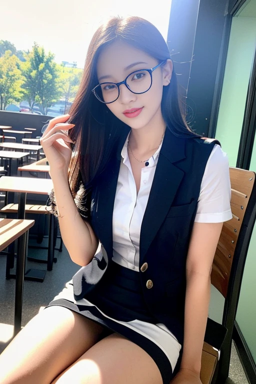 (A gorgeous Chinese lady, age 28, professional lecturer & A.I enthusiast, wearing formal office attire, blazers, short-sleeve white shirt with pockets & buttons, pencil mini-skirt, sitting on a chair, to write on her diary, in an outdoor coffee cafe,

(geeky, feminine, gentle, friendly, goofy, ), spectacles, #roundeyeware, #glasses, #eyeware, kind smile, dimpled cheeks, cute snaggle-tooth, ponytail, bob hair trimmed, short hair, symmetrical face, beautiful detailed face, bright_and_full_of_warmth_eyes, detailed eyes, ample round bosom, perfect body anatomy,

Award-winning, photorealistic, hyper-realism, high contrast, ultra HD, realistic skin textures, top image quality, top-quality, super high resolution, fine details, very meticulously, Vivid Colours, masterpiece, High angle shot, medium shot, cowboy shot, positive affirmation, serene ambience, bokeh night background, SFW)