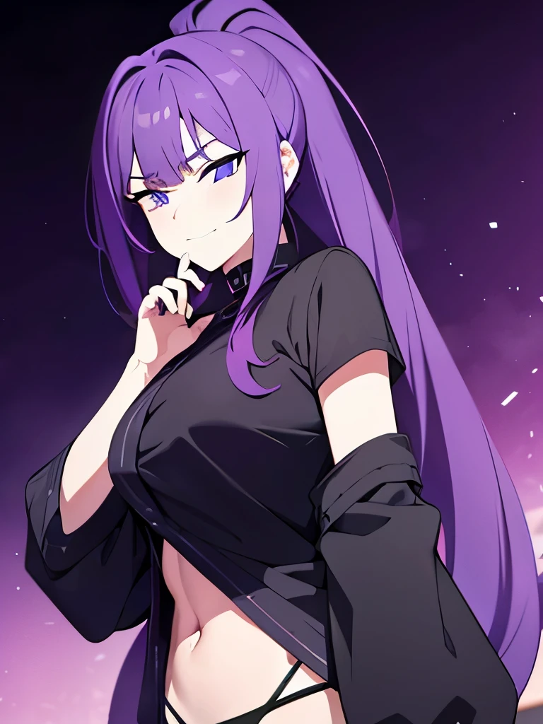Beautiful white girl, purple hair, black shirt with purple sleeve, black panties, long ponytail hair, broken bangs, blue eyes, smug face, looking down