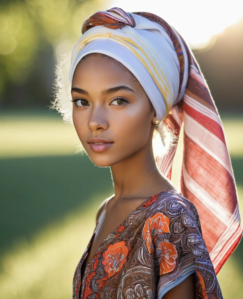 ((best quality)), ((masterpiece)), (detailed), 1girl, mixed race girl, African American + Caucasian girl with lighter skin, young woman, pretty, skinny, white hair, modern attire, modest, head scarf, long hair, hair tied in the back, sun dress (not white)