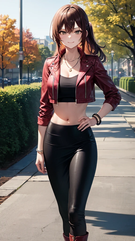 masterpiece, best quality, high detail, 1girl, beautiful stylish woman walking through a garden, wavy hair, dark hair, low ponytail, messy hair, hair ornament, large bust, red leather jacket, crop top, black maxi pencil skirt, long black skirt:1.3, leather boots, midriff, necklace, bracelet, collarbone, autumn, trees, leaves on ground, park, garden, stone, sidewalk, upper body, looking at viewer, hand on hip, raised hip, walking, light smile, atmospheric, moody