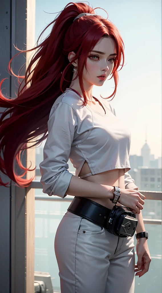 Kurenai from the anime Naruto, redhair, long hair, brown eyes, red ponytail, wear mascara, Perfect body, Perfect breasts, Beautiful woman, very beautiful, wear a white Nike sweatshirt, white joggers, wear a smartwatch, wear earrings, wears white Nike shoes, I was at the gym, Realism, masterpiece, textured leather, Super detailed, high detail, high quality, Best quality, 1080P, HD, 16K