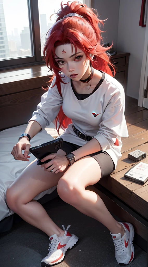 Kurenai from the anime Naruto, redhair, long hair, brown eyes, red ponytail, wear mascara, Perfect body, Perfect breasts, Beautiful woman, very beautiful, wear a white Nike sweatshirt, white joggers, wear a smartwatch, wear earrings, wears white Nike shoes, I was at the gym, Realism, masterpiece, textured leather, Super detailed, high detail, high quality, Best quality, 1080P, HD, 16K