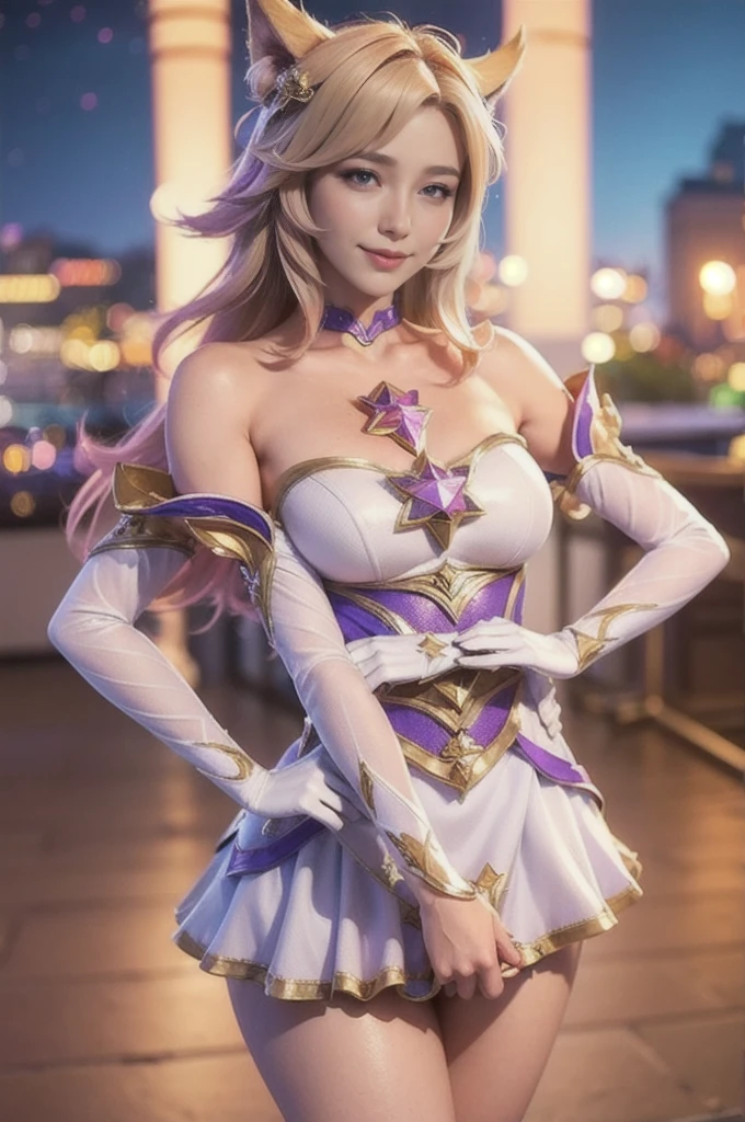 (masterpiece, best quality:1.2), intricate details,  star guardian ahri, 1girl, animal ears, hair ornament, detached sleeves, bare shoulders, skirt, magical girl, multiple tails, blonde hair, light smile,big bust,Mom,Milf,