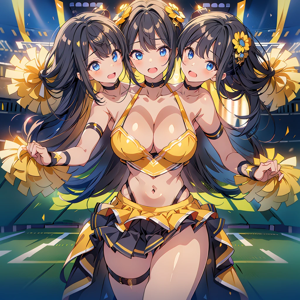 (masterpiece, best quality), best resolution, (3heads:1.5), 1girl, cheerleader, black hair, blue eyes, open mouth, energetic, cheery, black and gold cheerleader outfit, cheering pose, huge breasts, football stadium, night
