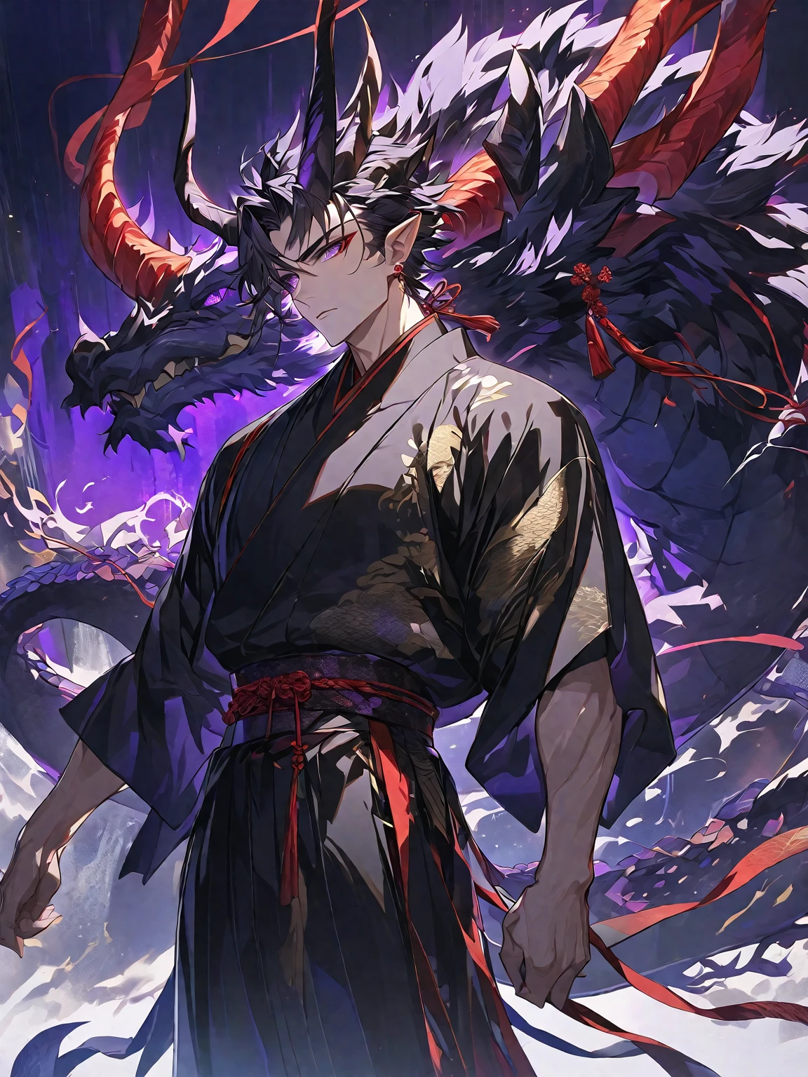 One, elegant, 1 man, with sporty body, V-shaped body, He wears a black kimono, dragon horns, by the wide, black fur, Bright purple eyes, In the context of Japanese themes., red threads, Dark light