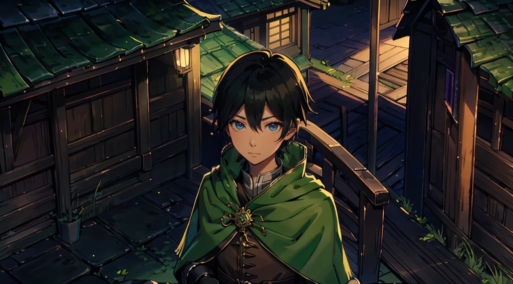 yuichiro hyakuya, (WithoutFear:1), 1 boy, black hair, green eyes, brown coat, gray armor, green shield, green cloak, dark brown gloves, town, white fur trim, tall, anime, standing, good quality, portrait, looking at viewer