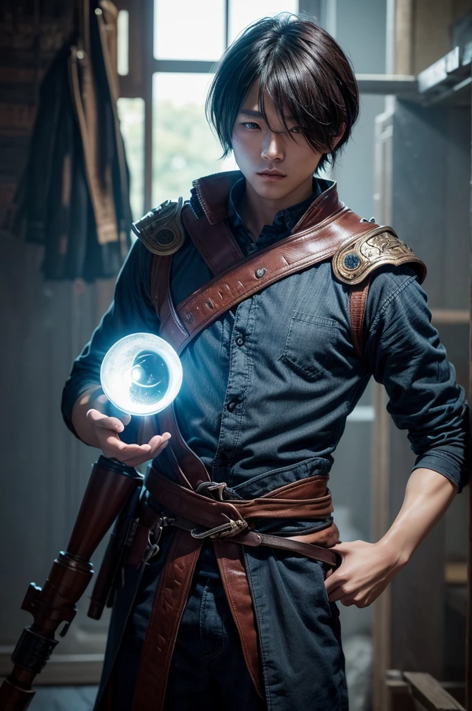 a young Japanese man of eighteen years of age with a razualvemte full physique, have fair skin, His eyes are blue and his hair is copper with a fringe covering part of his eye on the left side., one eye covered by bangs, the young man is six feet tall and two centimeters tall. captured in an ultra-realistic full HD 4K portrait, detailed texture showing its menacing shape, Immersive atmosphere, high definition shadow play, digitalpainting, nevoa no environment.