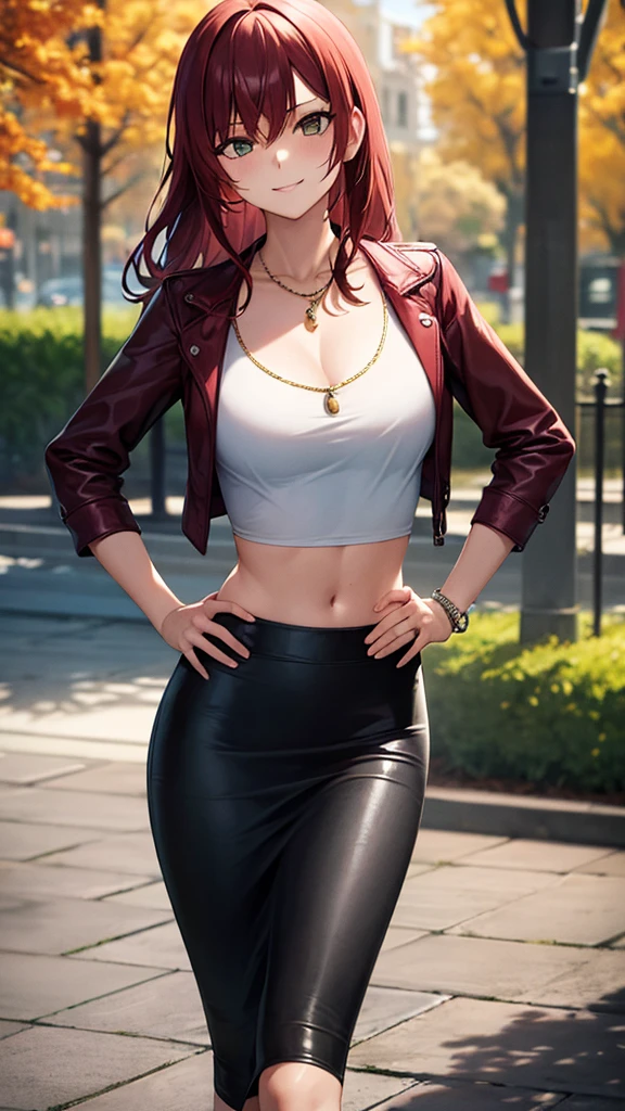masterpiece, best quality, high detail, 1girl, beautiful stylish woman walking through a garden, wavy hair, dark hair, low ponytail, messy hair, hair ornament, large bust, red leather jacket, crop top, black maxi pencil skirt, long black skirt:1.3, leather boots, midriff, necklace, bracelet, collarbone, autumn, trees, leaves on ground, park, garden, stone, sidewalk, upper body, looking at viewer, hand on hip, raised hip, walking, light smile, atmospheric, moody