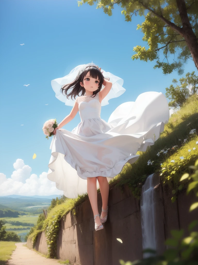 Wedding dress, bride, 1girl, Solo, long dress, climbing, windy, 