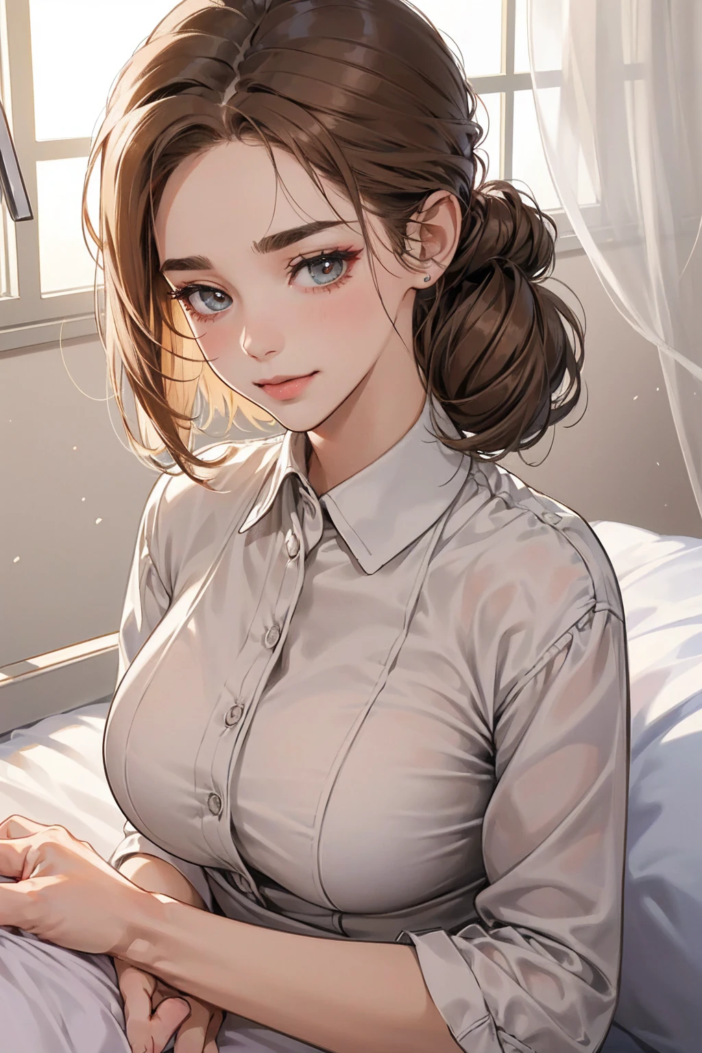 (table top, digital art, digital illustration, 4K, 8k, very detailed, beautiful photos, clear image, realistic, RAW photos, perfect face, perfect line, perfect eyes, soft lighting) female 1명, (light brown hair,chignon head held high,Innocent look,lowered eyebrows,drooping eyebrows,,cute big eyes,natural makeup,Please smile kindly,round chin, female:1.3),Two handsome men in suits, (human,men in suits,muscular,My shoulder width is solid.,adult male,boyish hairstyle,british gentleman style,A man in his 30s with a cool expression,A 28-year-old man with a bright smile:1.2),(uneasy,be ashamed,sleepy,embarrassing from:1.2),innocent smile,(embarrassing from,shy smile:1.1),open hospital、hospital room full of light、bed、nurse、nurse、nurse Uniform Cosplay、kiss、couple、couple kissing、romance、sex、sex하다、wet pubic area、insert 、rape、flood、Full-body painting,(one girl and one man,sex를 하다:1.5),(human,adult male,caressing a woman's chest:1.2),cheek dye、panting face、embarrassing、boredom、begging、unhappy、greedy expression,wet pubic area、 zen、open your crotch wide、cowgirl、Fluttering、wet shirt、lace underwear、Take off your underwear、With your mouth wide open、Akanbi、transparent nipples、Lift up your skirt、Show panties、plugin、 plugin、penetrating into the genitals、