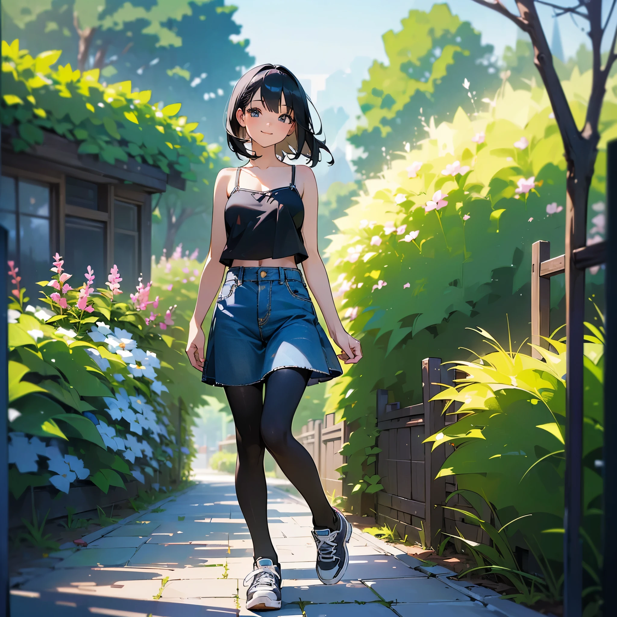 (high quality, High resolution, Very detailed, reality:1.37), Peaceful atmosphere, (Outdoor, garden), age girl standing alone, (my breasts are big.), Beautiful details, Cute Smile, (Black bob hair), camisole, Denim skirt, Black tights, sneakers.