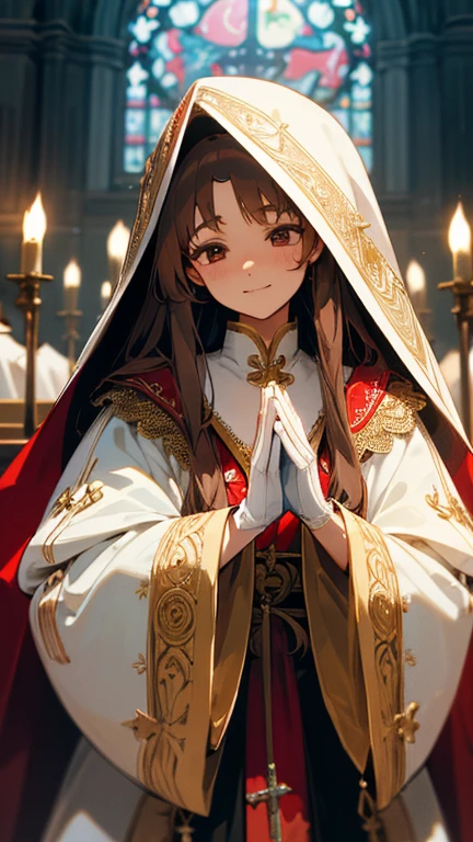 In front of the altar of a majestic church、casting judgement with magic, her voice echoing beautifully. Magic gathers around her, enveloping her in a holy aura as she chants girl with long silver hair, Classic White Wedding Dresses、long white embroidered gloves, pope's clothing and hat, brown hair, , ceremonial robes, mass vestments, , enormous puffy sleeves, long cuffs with many buttons, golden embroidery, cross details, Long Train, lots of frills and lace, red capes, gently reaches out to you, gentle smile