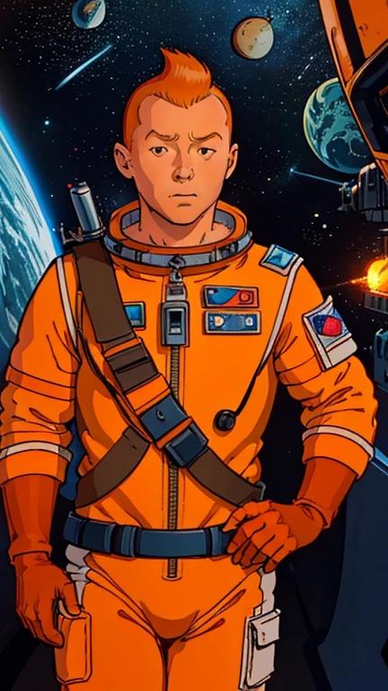 (Teens:1man: Tintin), (extremely detailed CG unit 8k wallpaper),(master part), (best quality), (ultra detali), (best illustration),(Heavy Metal), cowboy shot, (Sharp eyeliner, ombre, detailed eyes:1),Dark space station interiors background, ,break , (astronaut in an orange space suit), upper body, short hair, orange hair