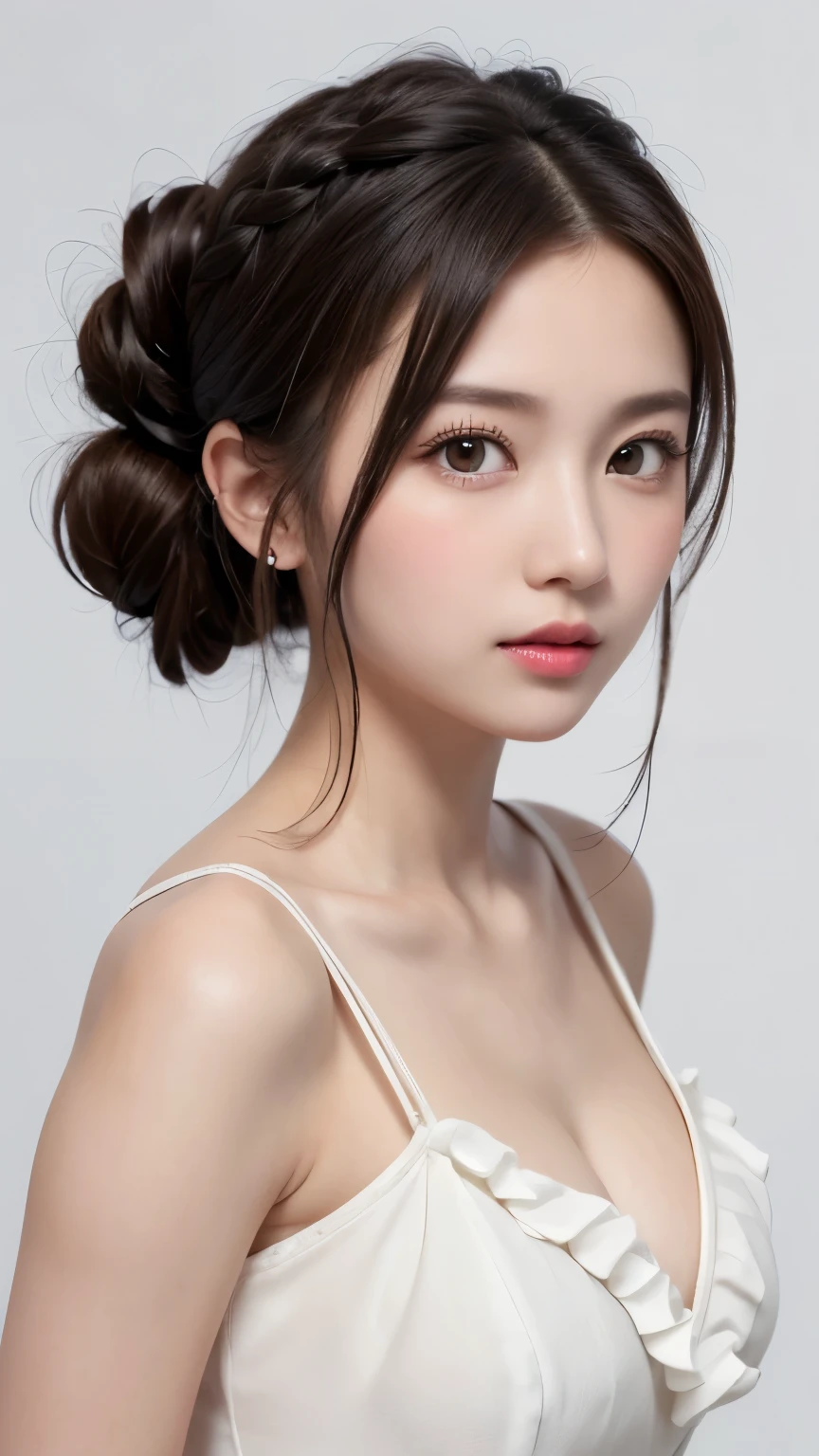 (((forehead、Standing、A calm face、Northern Europe、White、beautiful girl、Black Hair、White background、(french braid hair、Shortcuts、Hair tied up、Bun Hair)、Frill dress、cute、Young、True Face、Shiny Hair、whole body)))、table top, highest quality, figure, super detailed, finely, High resolution, 8k wallpaper, Perfect dynamic composition, detailed and beautiful eyes, Deco out,bionde, breasts, Natural color lip,white background, random cute poses,