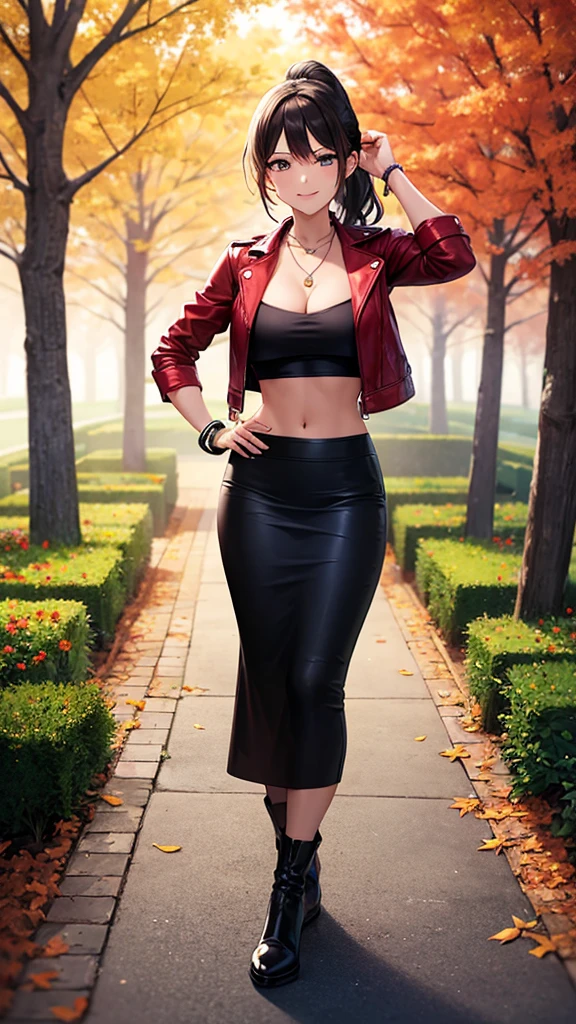 masterpiece, best quality, high detail, 1girl, beautiful stylish woman walking through a garden, wavy hair, dark hair, low ponytail, large bust, red leather jacket, crop top, black maxi pencil skirt, long black skirt:1.3, leather boots, midriff, necklace, bracelet, collarbone, autumn, trees, leaves on ground, park, garden, stone, sidewalk, upper body, looking at viewer, hand on hip, raised hip, walking, light smile, atmospheric, moody