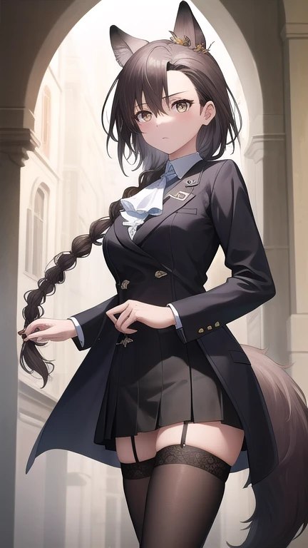 ((masterpiece)),(best quality),official art,extremely detailed CG,unity 8k wallpaper,ultra detailed,1girl,solo,cowboy shot,animal_ears,wolf_ears,single_gauntlet,very_long_hair,black_thighhighs,wolf_tail,brown_hair,extra_ears,looking_at_viewer,wolf_girl,breasts,white_ascot,hair_between_eyes,brown_eyes,braid,bangs,black_coat,zettai_ryouiki,jewelry,black_skirt,black_footwear,long_sleeves,