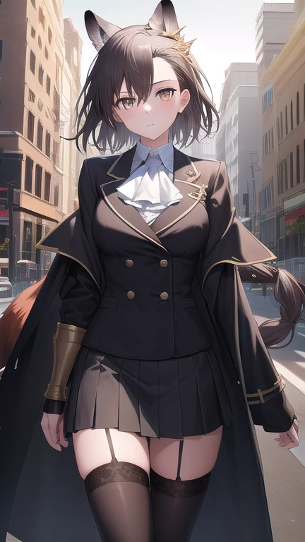 ((masterpiece)),(best quality),official art,extremely detailed CG,unity 8k wallpaper,ultra detailed,1girl,solo,cowboy shot,animal_ears,wolf_ears,single_gauntlet,very_long_hair,black_thighhighs,wolf_tail,brown_hair,extra_ears,looking_at_viewer,wolf_girl,breasts,white_ascot,hair_between_eyes,brown_eyes,braid,bangs,black_coat,zettai_ryouiki,jewelry,black_skirt,black_footwear,long_sleeves,