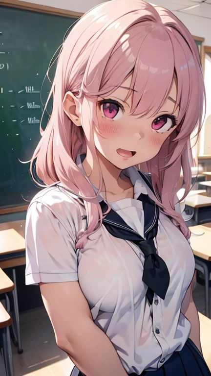 mastute piece,Best Quality,insanely detailed,8k cg,nsfw,
(shoot upper body:1.3),
(1girls:1.3),standing,looking at viewr,body in front,(arms behind back:1.4),(school uniform:1.2,school blouson:1.3),break,
blush,shy,(ecstasy face),(trembling:1.2),break,(light pink hair:1.3),
break,
perfect breasts,perfect teats,(open mouth:0.9),(large breasts:1.2),
(classroom),