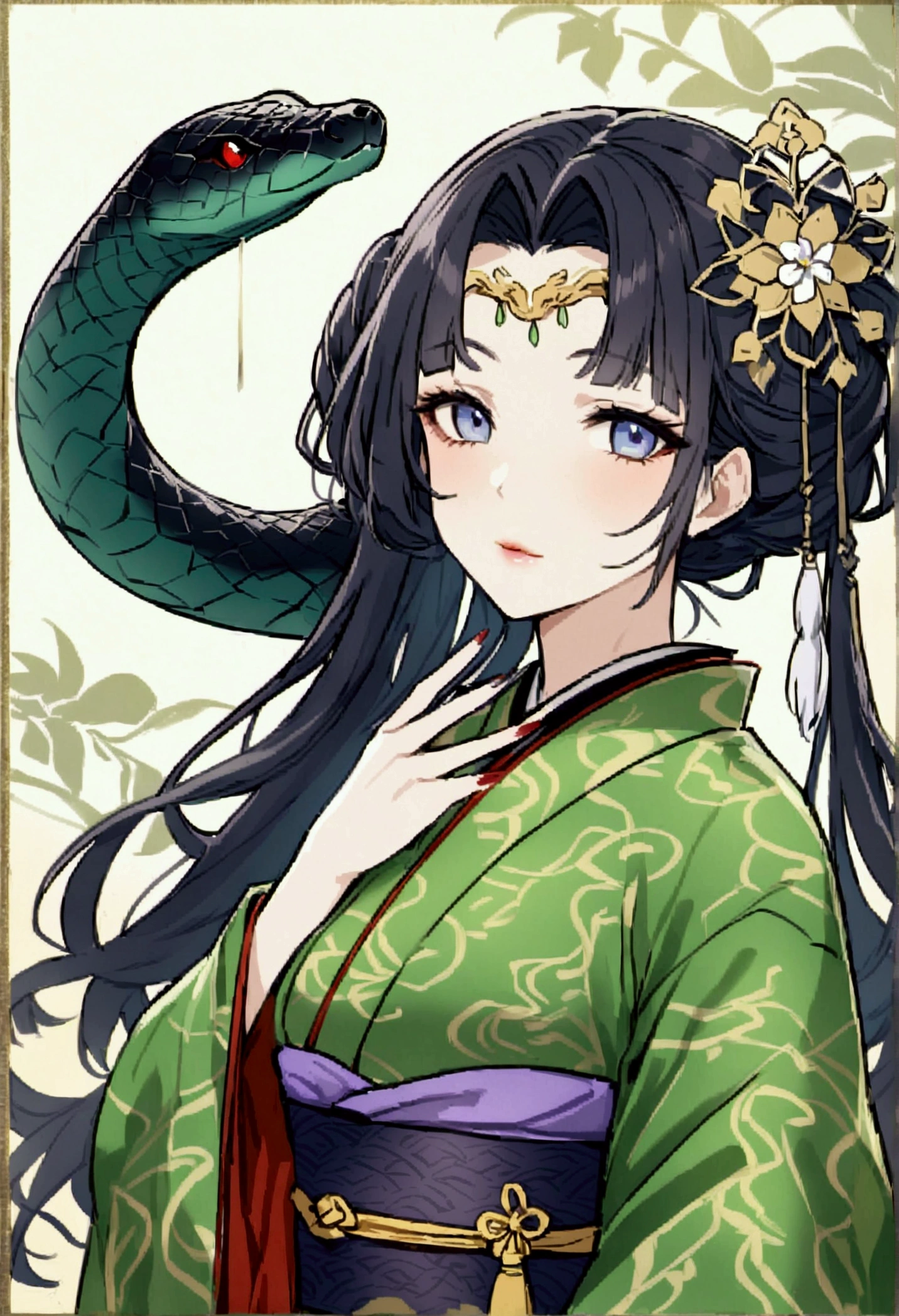 girl,一条蛇缠绕着girl,Black Hair、Iris,kimono,Beautiful Face,Snake Woman、poker face、Black snake pattern、turn around、蛇の鱗模様のkimono、With the snake、Personal illustrations、
