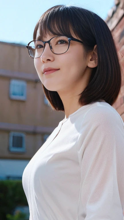 (Photo realistic:1.4), (Surreal:1.4), (Smooth lighting:1.05), 1 girl, (sad:1.4), Open your mouth a little, Pure beauty, 22 years old, Soft lighting, Backlight, (Cheerfulness:1.2), (Top quality real texture skins), I narrowed my eyes., Very beautiful face, Glowing Skin, retina, Anatomically correct, Acura, Super Detail, Textured skin, high quality, Attention to detail, 最high quality, High resolution, short hair, bangs, Glasses、Upper body naked、Nipples
