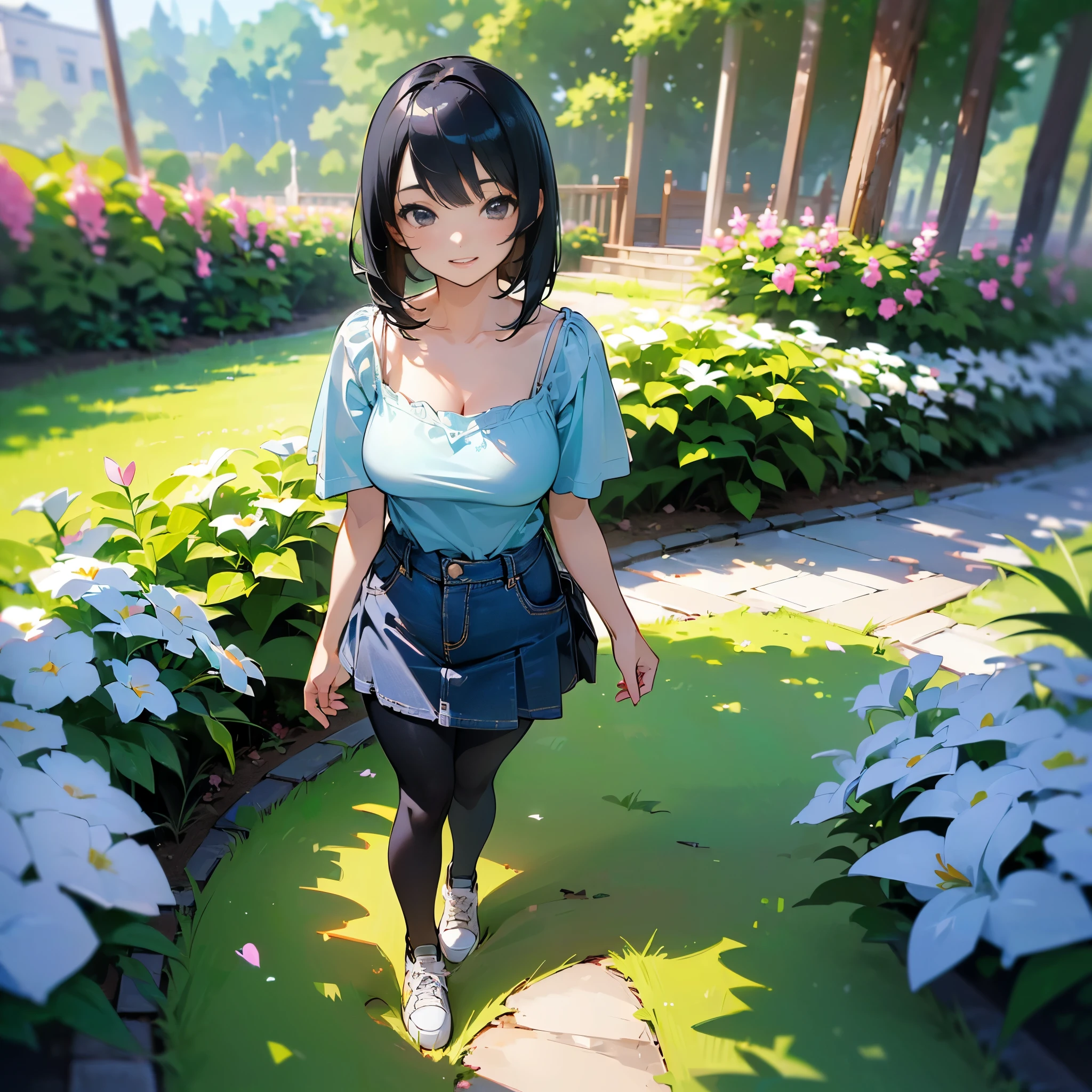 (high quality, High resolution, Very detailed, reality:1.37), Peaceful atmosphere, (Outdoor, garden), age girl standing alone, (my breasts are big.), Beautiful details, Cute Smile, (Black bob hair), camisole, Denim skirt, Black tights, sneakers.