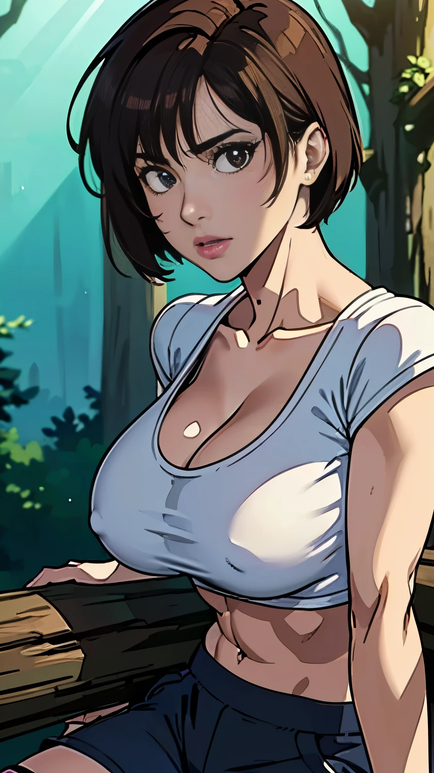 photo of mlp Meowko, RAW, beautiful woman, ((portrait)), ((detailed face:1.2)), ((anime face, anime facial feature, clear skin, glossy anime lips, clear skin), (short messy lesbian haircut, brunette: 1.55), (perfect proportioned body, Strong, muscular, narrow waist, narrow hips, skinny, large breasts, cleavage), arched back, ((wearing tight cropped t-shirt, cargo pants), (sitting on a log in the forest), (realistic photo, best quality, detailed), (8k wallpaper), (cinematic lighting, beautiful light, (noon:1.3)) (sharp focus, intricate)