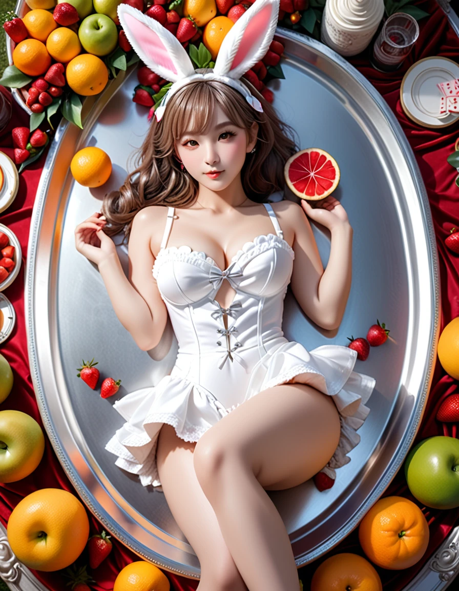 Full Body Portrait:1.4、A bunny girl is photographed from above, lying with her thighs raised on a large silver tray and her knees spread apart.:2.0、Detailed thighs、Detailed crotch、Decorate with lots of fruit and whipped cream:1.6、Casino Background、(Anatomically accurate body structure)、 (Highest quality、4K、8k、High Resolution、masterpiece:1.2)、Super detailed、(Real、Photorealistic、Photorealistic:1.37)、Detailed eyes、Detailed face、gorgeous、elegant、Impression