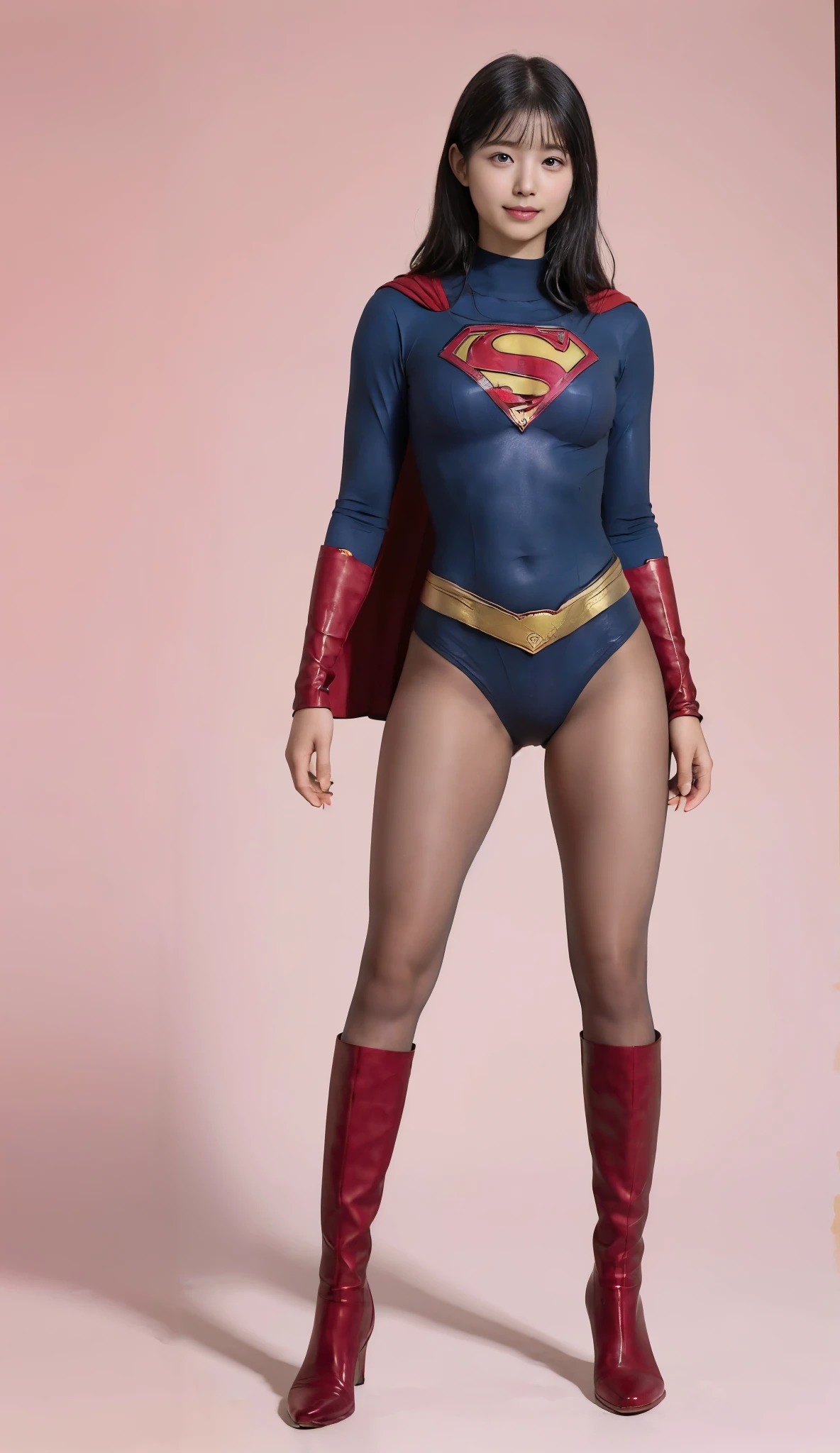 No background、(((Beautiful legs in black tights.)))、(((Legally express the beauty of your smile)))、((((Make the most of your original images)))、(((Supergirl Costume)))、(((Beautiful very short hair)))、(((suffering)))、(((Please wear black tights....、Wear red boots)))、((Best image quality、8k))、((Highest quality、8k、masterpiece:1.3))、(((Preserve background )))、Sharp focus:1.2、Beautiful woman with perfect figure:1.4、Slim Abs:1.2、Wet body:1.5、Highly detailed face and skin texture、8k