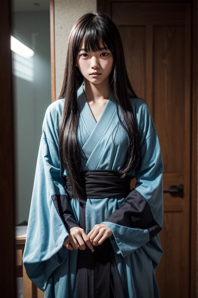 a young Japanese man of eighteen years of age with a razualvemte full physique, have fair skin, her eyes are blue and her hair covers one of her eyes , one eye covered by bangs, the young man is six feet tall and two centimeters tall. captured in an ultra-realistic full HD 4K portrait, detailed texture showing its menacing shape, Immersive atmosphere, high definition shadow play, digitalpainting, nevoa no environment.