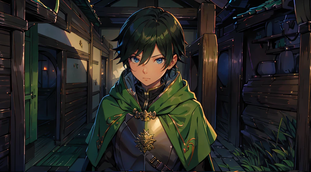 yuichiro hyakuya, (WithoutFear:1), 1 boy, black hair, green eyes, brown coat, gray armor, green shield, green cloak, dark brown gloves, town, white fur trim, tall, anime, standing, good quality, portrait, looking at viewer