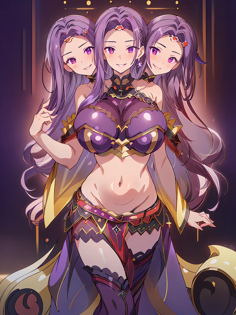 (masterpiece, best quality), best resolution, (3heads:1.5), 1girl, dark violet hair, long flowing hair, smiling, seductive smile, smirk, open belly, dark purple crop top, dark purple miniskirt, open breasts, very huge breasts, sexy pose, alluring presence, violet eyes,
