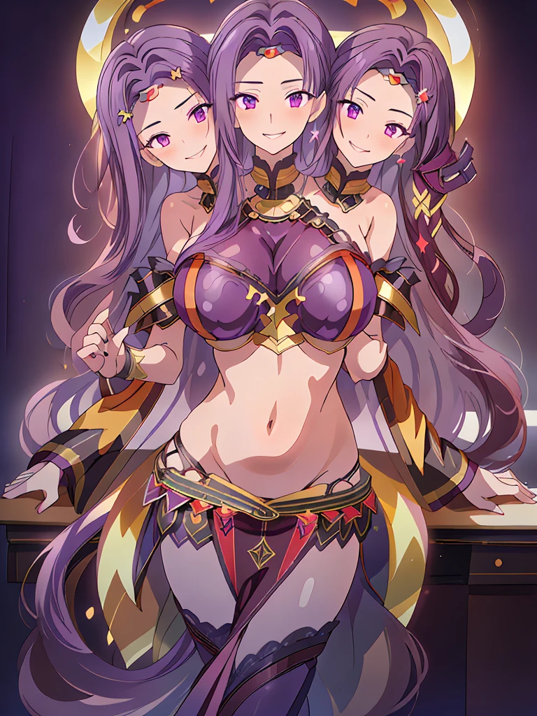 (masterpiece, best quality), best resolution, (3heads:1.5), 1girl, dark violet hair, long flowing hair, smiling, seductive smile, smirk, open belly, dark purple crop top, dark purple miniskirt, open breasts, very huge breasts, sexy pose, alluring presence, violet eyes,
