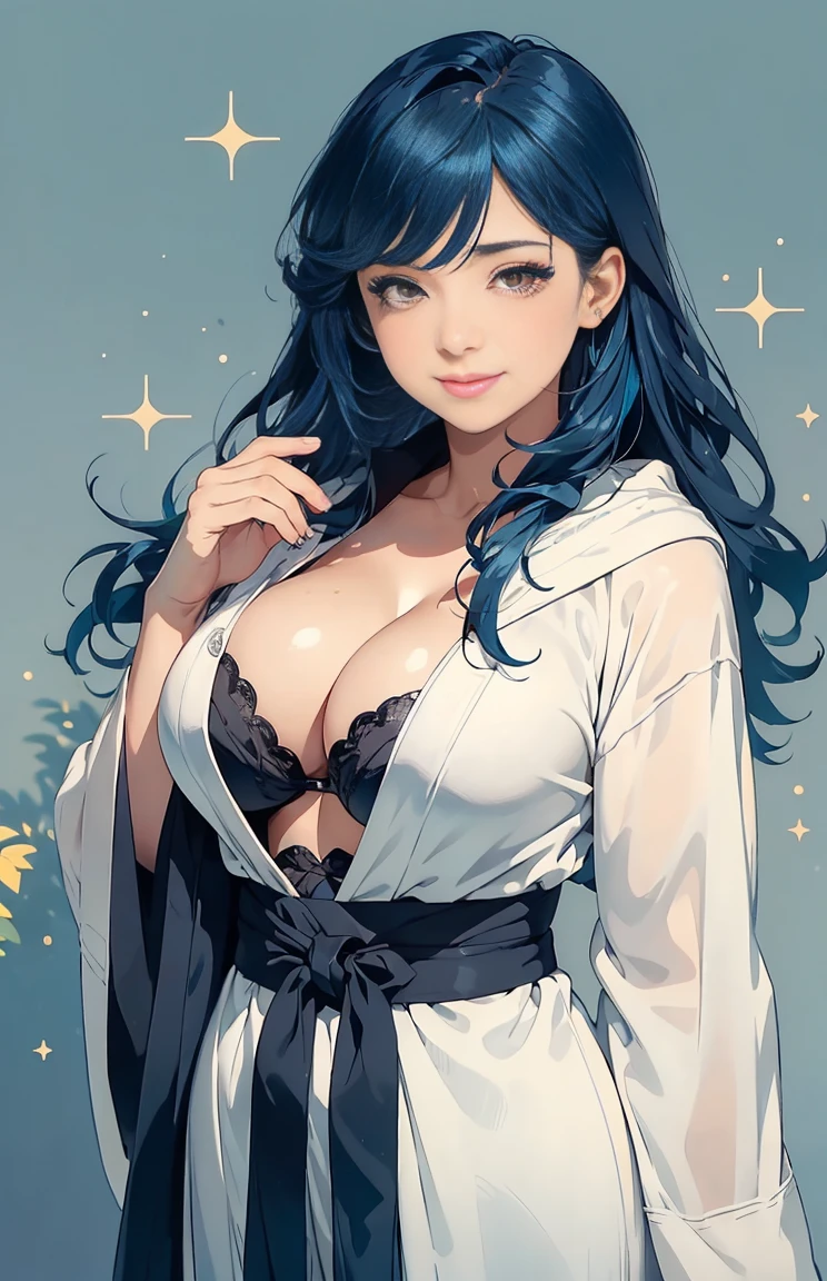 (A photo of upper body), a female fox in forest, mature, chubby, Beautiful face, Highly detailed face and skin texture, (Detailed eyerown eyes, Double eyelids, Thin eyebrows, Glitter eyeliner: 1.2, Natural cheeks, Shiny skin, Fair skin, (((with robe))), (Shiny lips: 1. 4), (none smile), (40 years old), (Wavy hair, Diagonal banglack and blue hair)),long mid hair, ((full body shot)), ((Focus on chest and face)), large breasts, Upturned breasts,