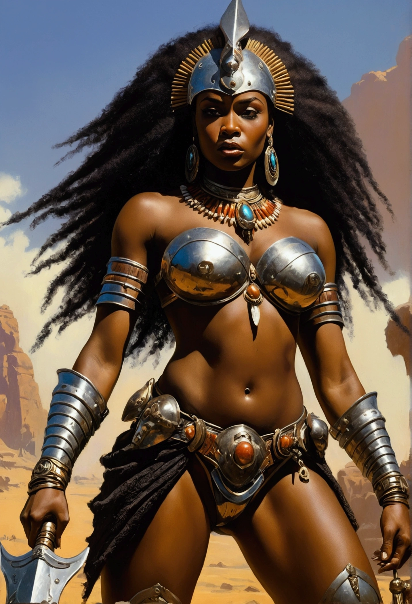 1 girl, black female, surprising seductress,. Stunning volup6body, bulky and sagging breasts, bikini armor,.Epic ancient African warrior, perfect proportion, cinematic portrait, por frank frazetta art, Art book cover, 32 mil, bright coloured, realisitic, Fantastic, fancy_realisitic, Detailed epic lighting, godrays, detailed back ground, Hyper resolution