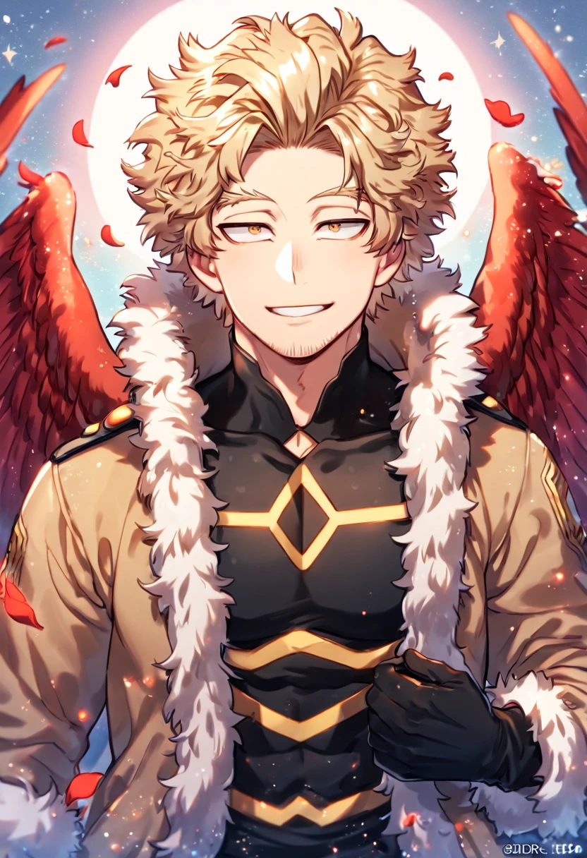 absurdres, highres, ultra detailed, HDR, master piece, Hawks, ash blond hair, expressive golden-brown eyes, faint stubble, red wings, brown coat with fur, black tight shirt, Boku No Hero Academia, black gloves, sexy man, handsome, best quality, red glittering crescent moon, red flowers, fantasy, magical, solo, water, red shining fireflies, red petals, sensual, horny, manly man, handsome smile,