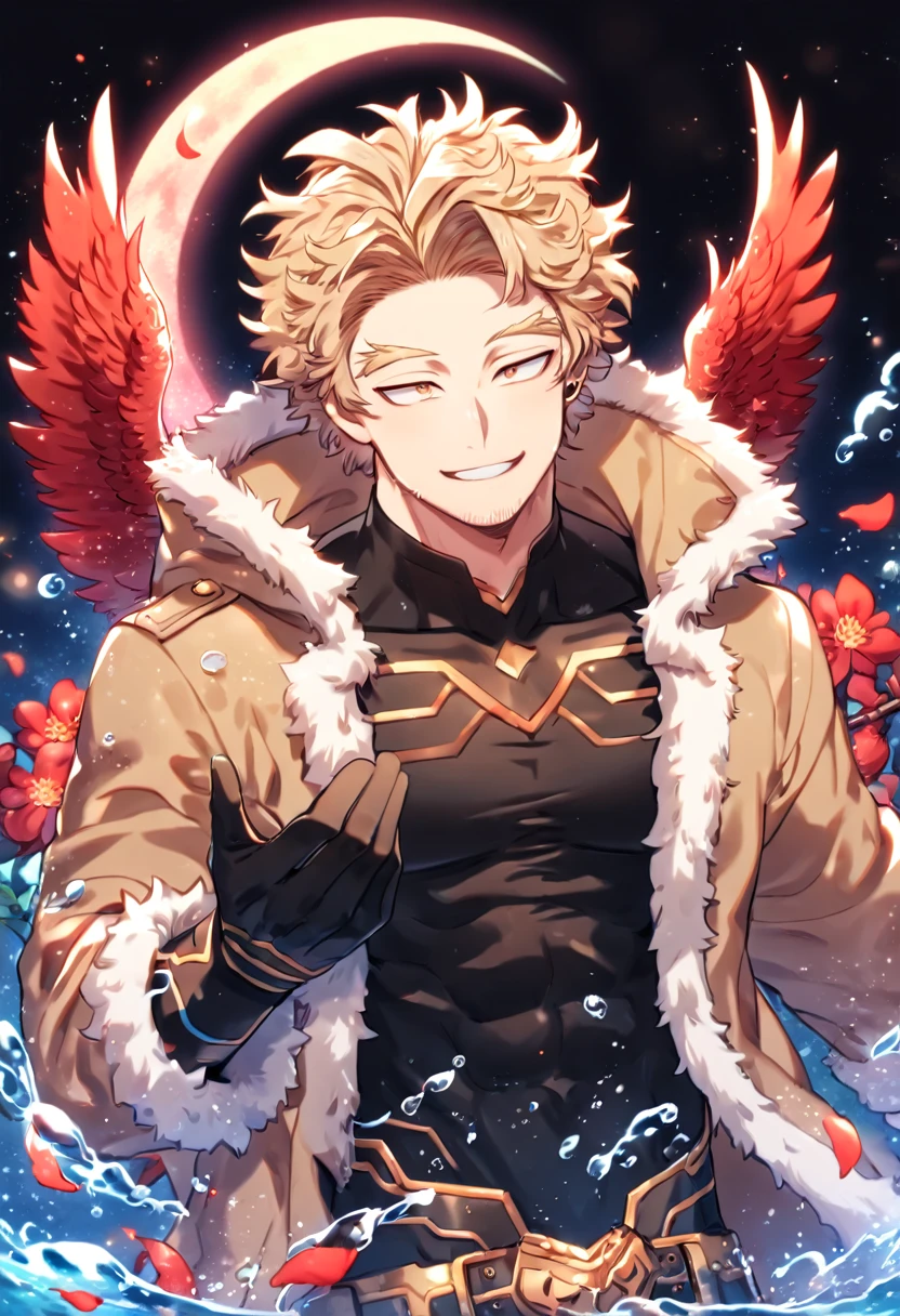 absurdres, highres, ultra detailed, HDR, master piece, Hawks, ash blond hair, expressive golden-brown eyes, faint stubble, red wings, brown coat with fur, black tight shirt, Boku No Hero Academia, black gloves, sexy man, handsome, best quality, red glittering crescent moon, red flowers, fantasy, magical, solo, water, red shining fireflies, red petals, sensual, horny, manly man, handsome smile,