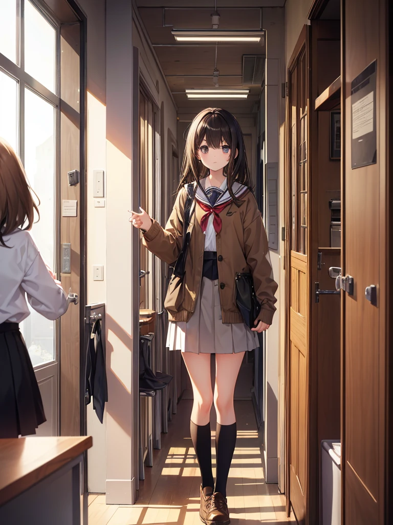 five girls, school, class, (black hair), blond, (((light brown))), standing, silver, short, long, face, (((monster)))