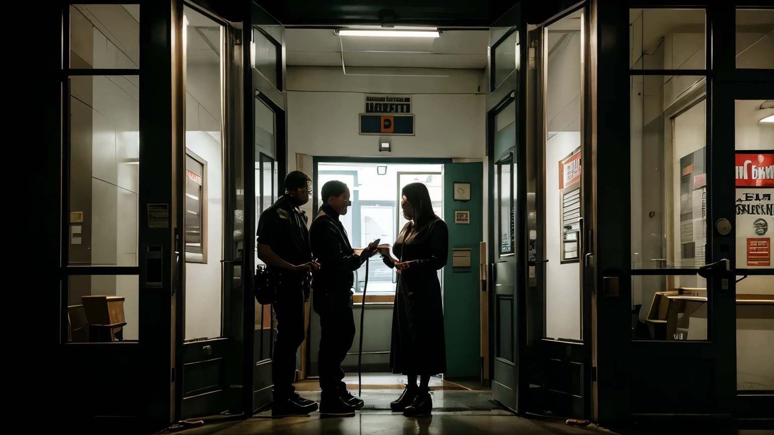 scary horror movie dr thompson, mark the mechanic and emily the teacher barricading the doors at the town hall at night and talking about how to get to the gas station